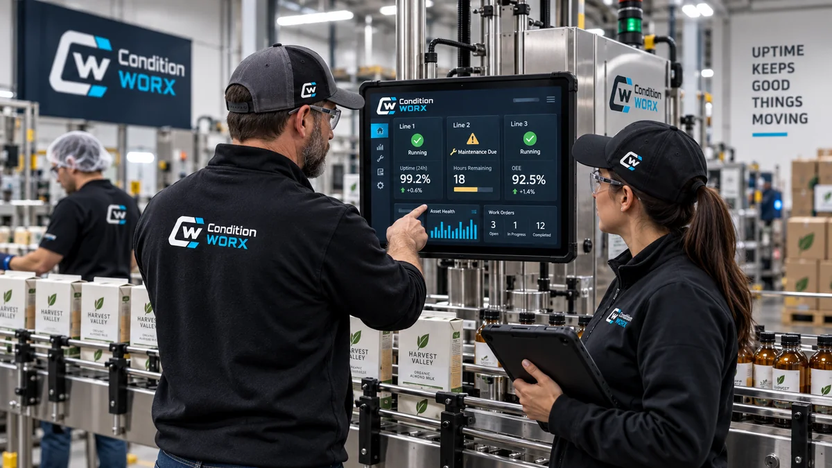 Small food-packaging production team reviewing equipment status