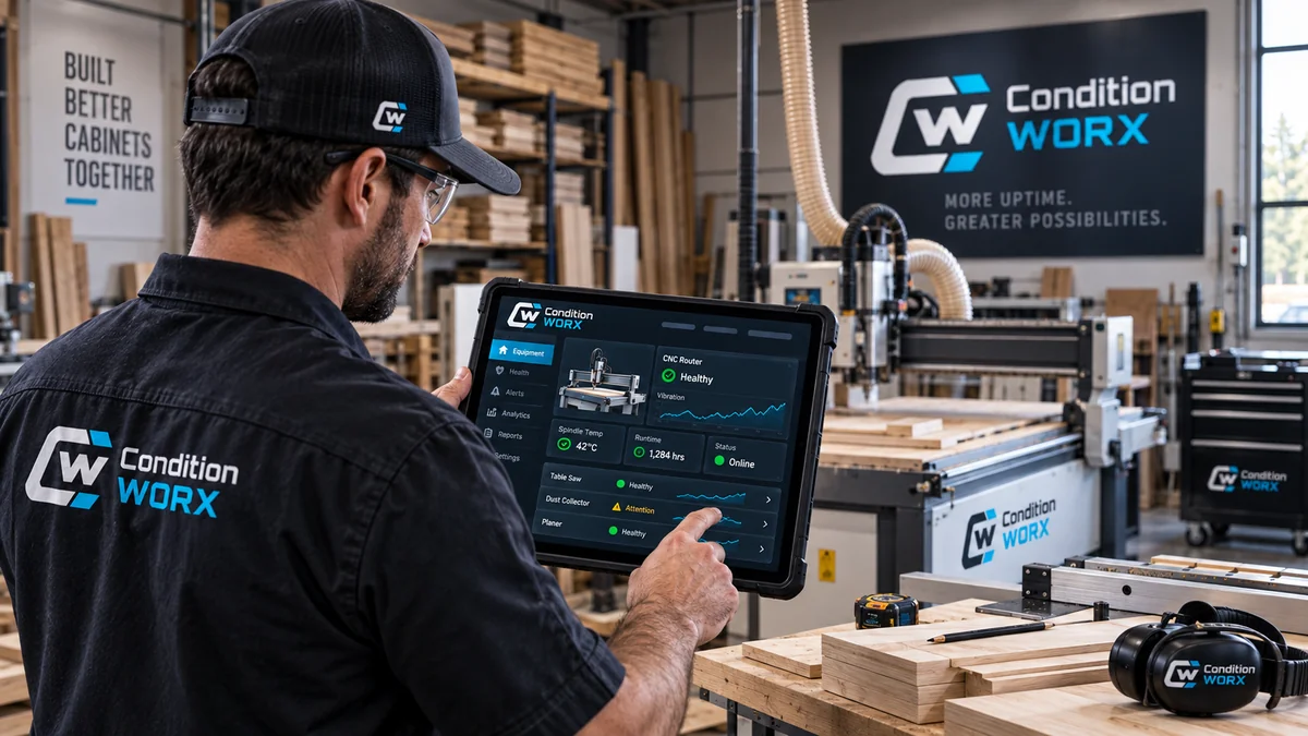 Cabinet shop operator reviewing a Condition WORX dashboard beside a CNC router